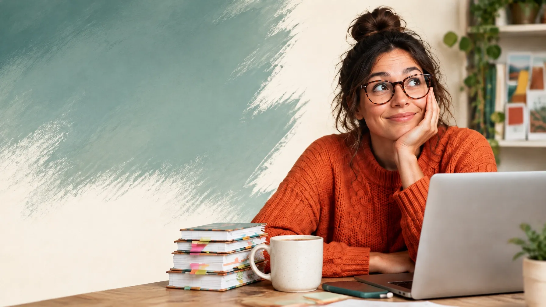 A small business owner at her desk with a laptop, notebooks and coffee